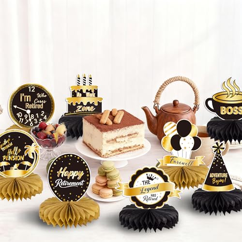 Gold & Black Retirement Party Table Decorations, 10 PCS Retirement Honeycomb Table Decorations for Farewell Party Supplies, Retirement Decorations for Men Boss Coworker