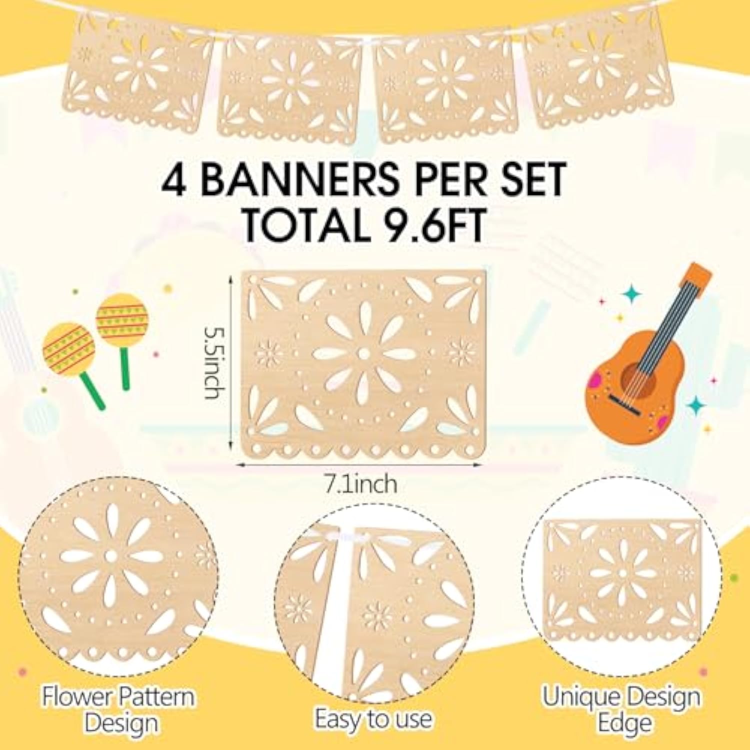4 Pack Cielito Lindo Party Decoration Cielito Lindo Classroom Decor Wooden Papel Picado Banner Fiesta Mexican Wedding Banner For Cinco De Mayo Baby Shower Dia De Los Muertos(Classic)