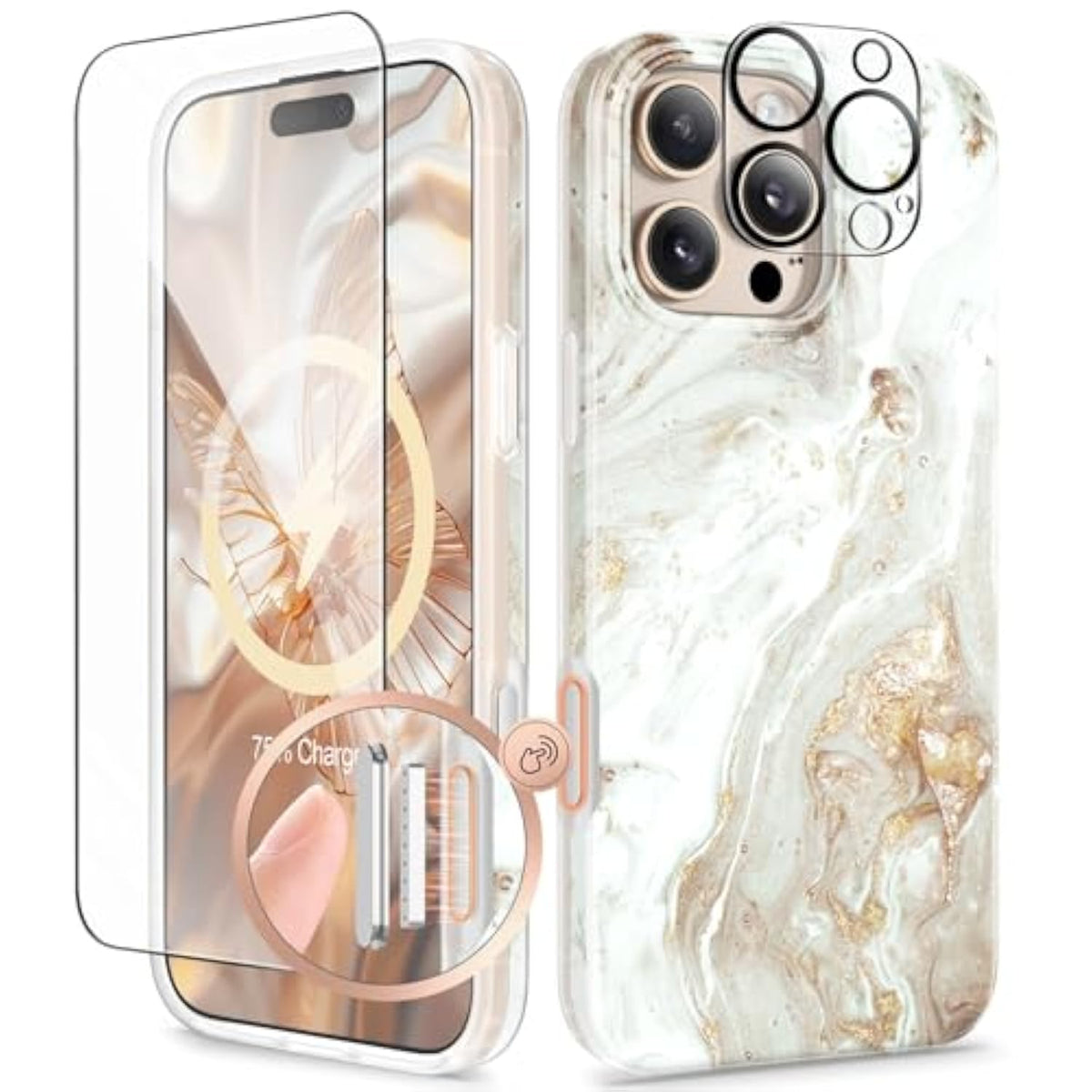 iPhone 16 Pro Case with MagSafe, Screen & Lens Protectors, Slim Marble Shockproof