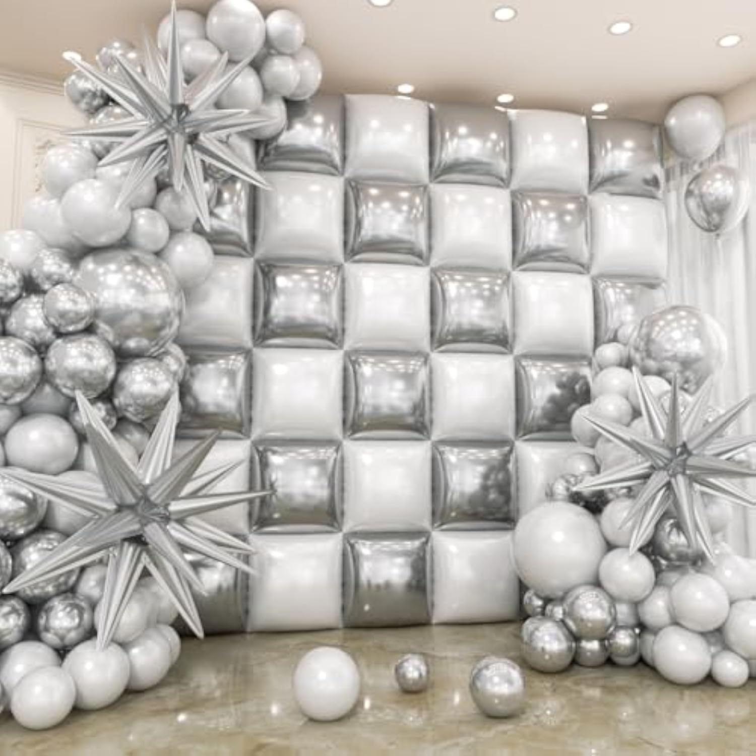 36Pcs White And Silver Square Foil Balloons Wall Backdrop With 147Pcs Balloon Garland Arch Kit, Double Sided Balloons For Bachelorette Wedding Birthday Engagement Anniversary Party Decorations