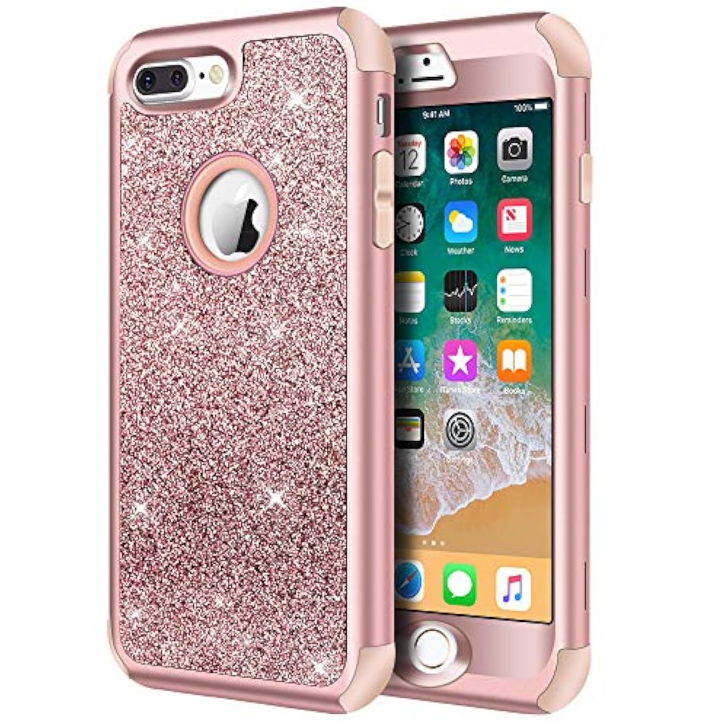 Heavy Duty Defender Protective Bling Glitter Sparkle Hard Shell Hybrid Shockproof Rubber Bumper Cover for iPhone 7 Plus and 8 Plus, Rose Gold