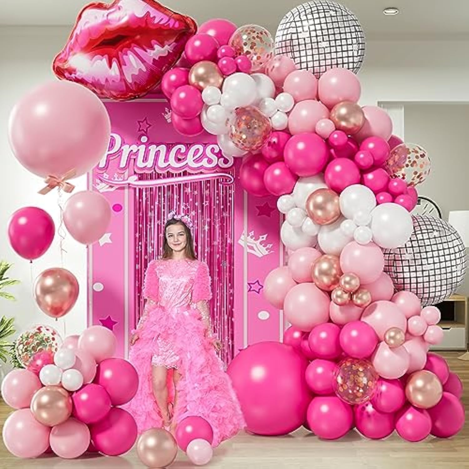 Pink Balloon Garland Arch Kit With Hot Pink Rose Gold Chrome Balloons