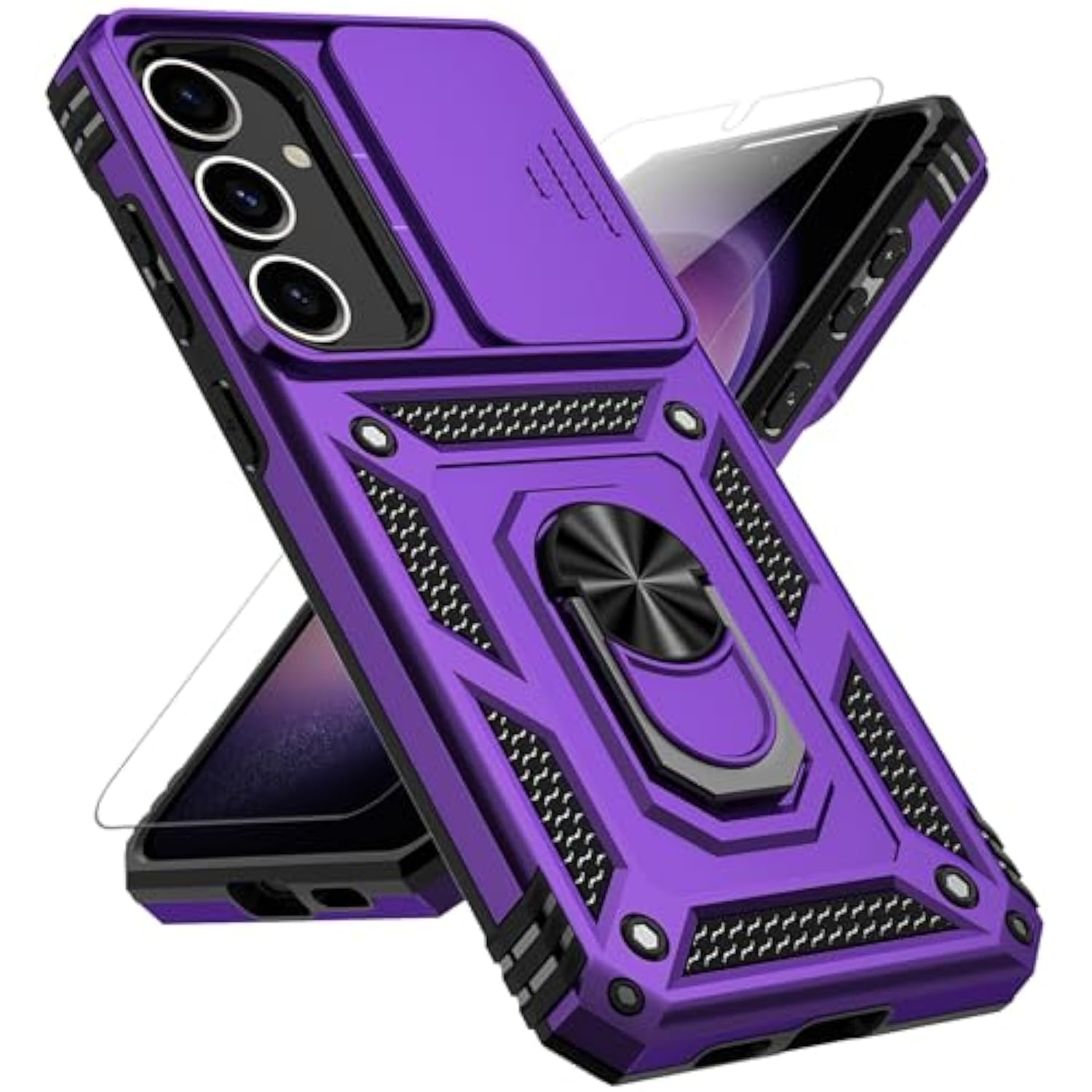 For Samsung Galaxy S25 Case With Slide Camera Cover Hd Screen Protector [15Ft Military Grade Drop Tested] Magnetic Ring Holder Kickstand Protective Phone Case For Galaxy S25 2025 (6.2 Inch), Purple