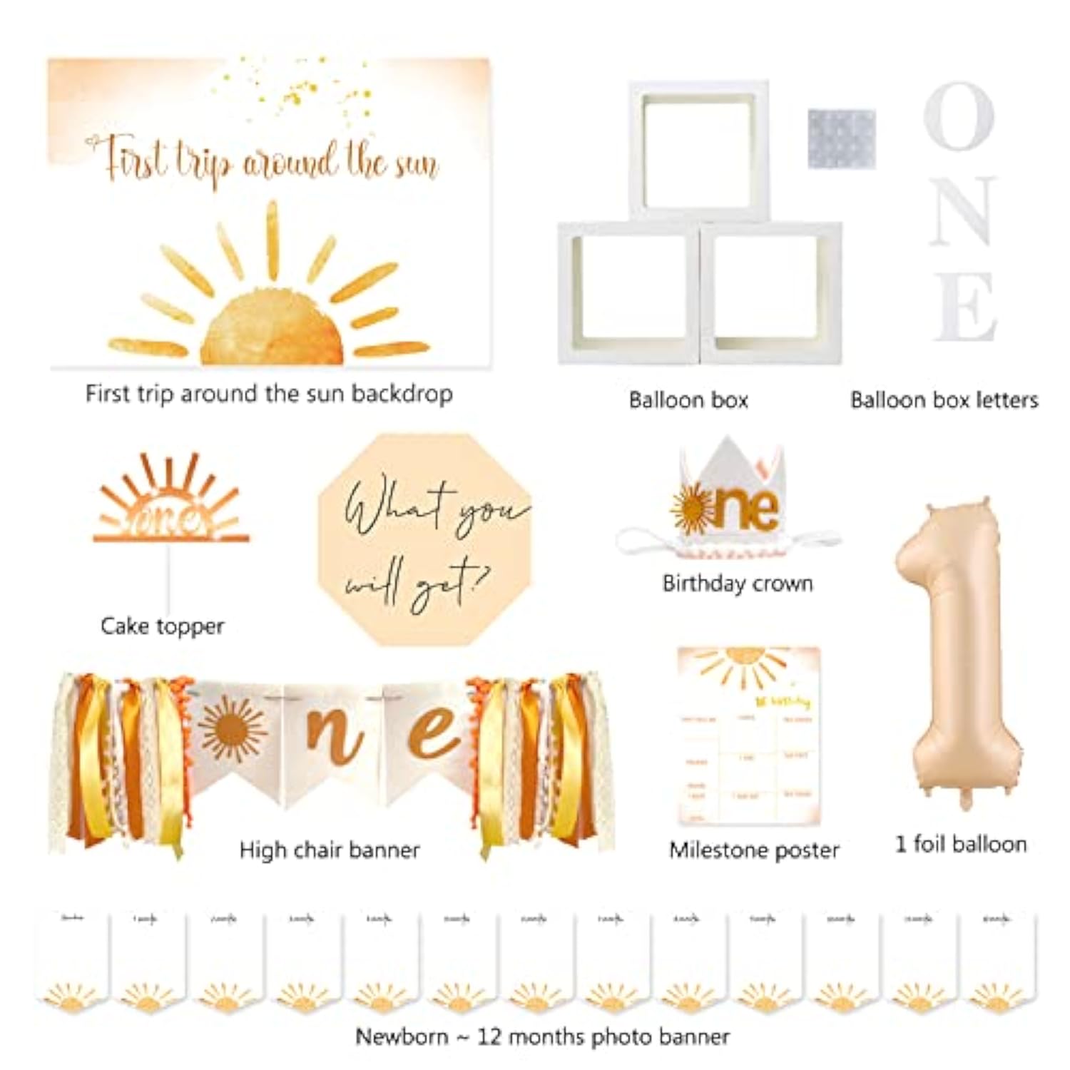 First Trip Around The Sun Birthday Decorations Party Supplies, Boho Sun 1St Birthday Decorations For Girl, First Trip Around The Sun Balloon Box Backdrop