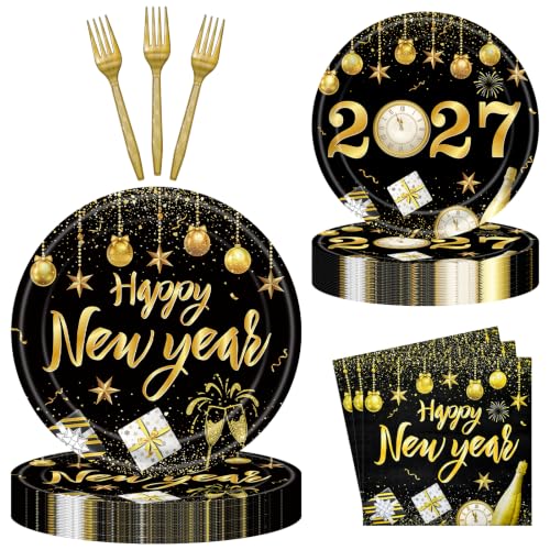 96 Pieces Happy New Year Tableware Set – Black and Gold Disposable Plates, Napkins, and Forks with Fireworks and Champagne Designs for New Year’s Eve Parties – Serves 24 Guests