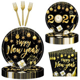 96 Pieces Happy New Year Tableware Set – Black and Gold Disposable Plates, Napkins, and Forks with Fireworks and Champagne Designs for New Year’s Eve Parties – Serves 24 Guests