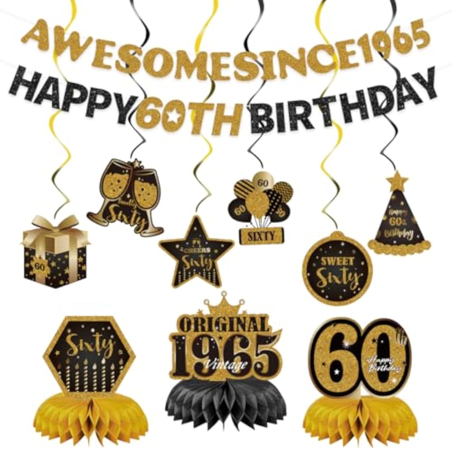 11Pcs Happy 60Th Birthday For Men Women Decorations,Sixty Bday Banner Ceiling Table Topper Sign Awesome Since 1965 Old Black And Gold Kit Swirls Party Decorations Supplies