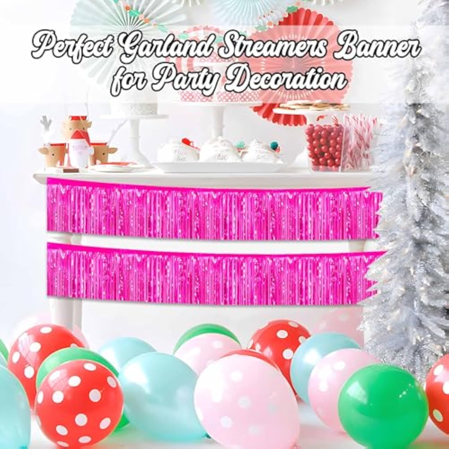 3 Pack 10 Ft Fuchsia Foil Fringe Garland Metallic Streamers Tinsel Banner Wall Hanging Garland Backdrop For Parade Floats, Halloween, Christmas, Thanksgiving, New Year Party Decorations