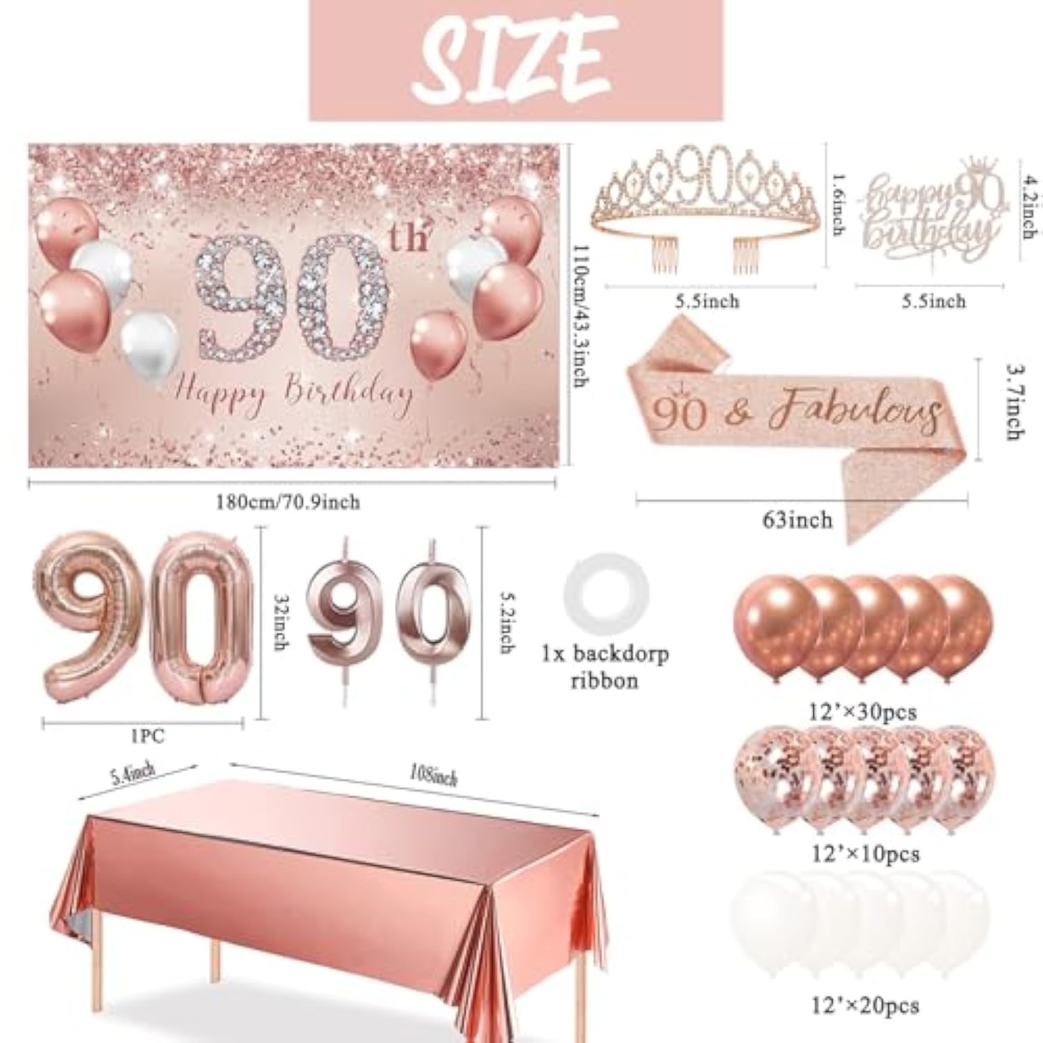 90Th Birthday Decorations Balloon Set Women'S Arch, Rose Gold 90Th Birthday Banner And Party Tablecloth, Belt And Tiara, Pink Gold 90Th Balloon, Pink Birthday Cake Top, Latex Balloon * 60