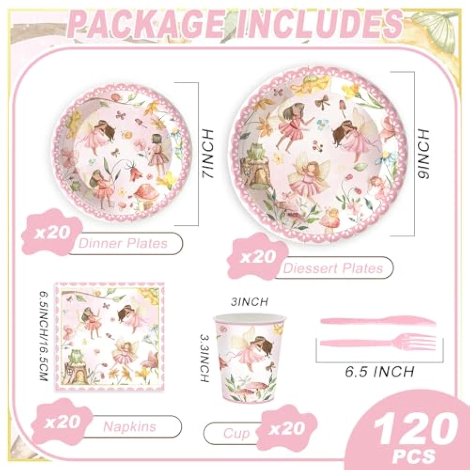 120Pcs Fairy Party Supplies For Girls 1St 2Rd First Birthday Fairies Enchanted Themed Baby Shower Party Decorations Garden Flower Tableware Set Paper Plates Napkins Forks For 20 Guests