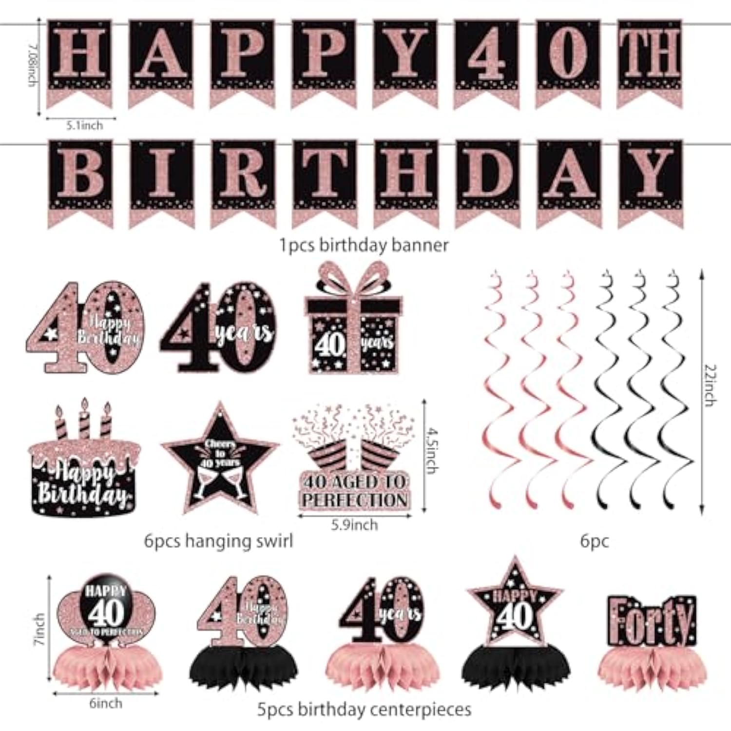 21pcs Rose Gold 40th Birthday Decor Set with Banner, Swirls & Balloons