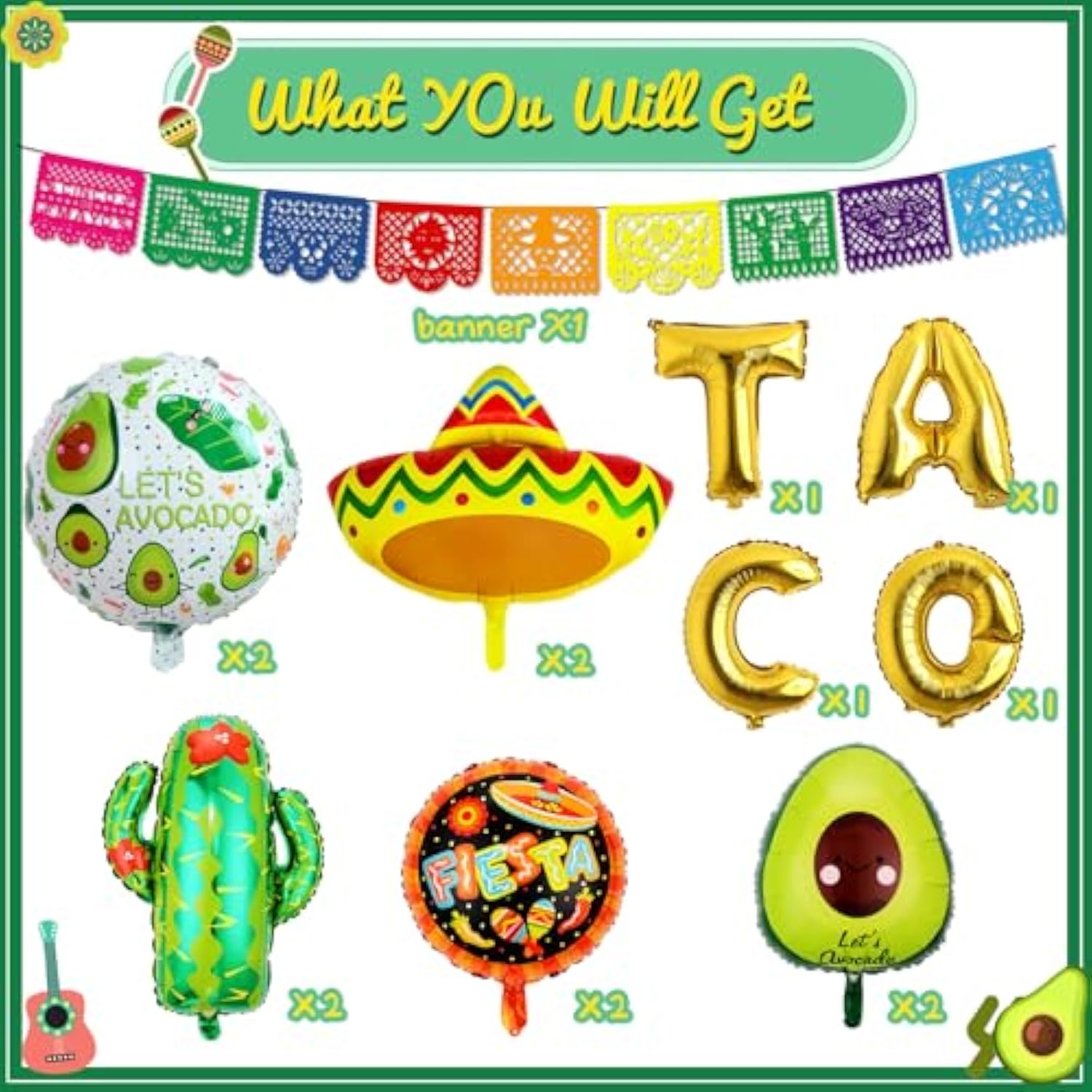 18 Pcs Fiesta Party Supplies - Taco, Mexican, Cactus, Avocado, Hat Jumbo Mylar Foil Balloons - Cinco De Mayo Party Decorations