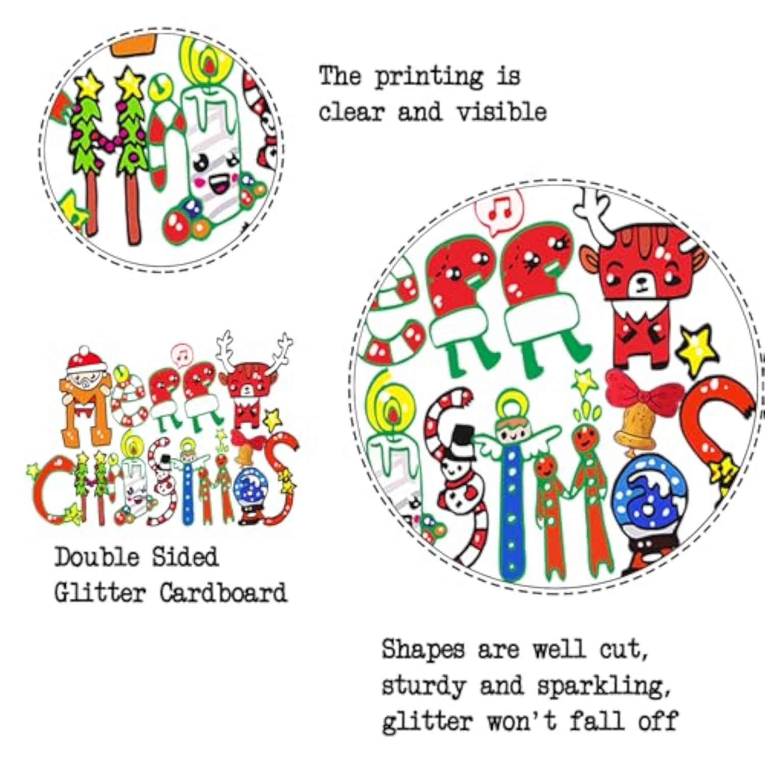 Christmas Cake Topper with Red Glitter Tree, Deer, and Santa Hat Decorations