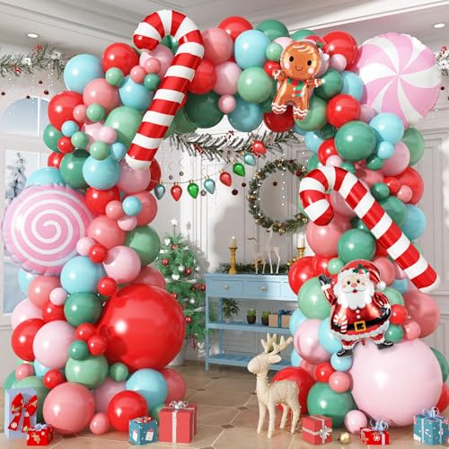 Christmas Balloons Garland Arch Kit, Pastel Pink Green Red Blue Candy Cane Balloon Sweet Lollipop Gingerbread Foil Balloon for Christmas New Year Birthday Xmas Holiday Cookie Exchange Party Decoration