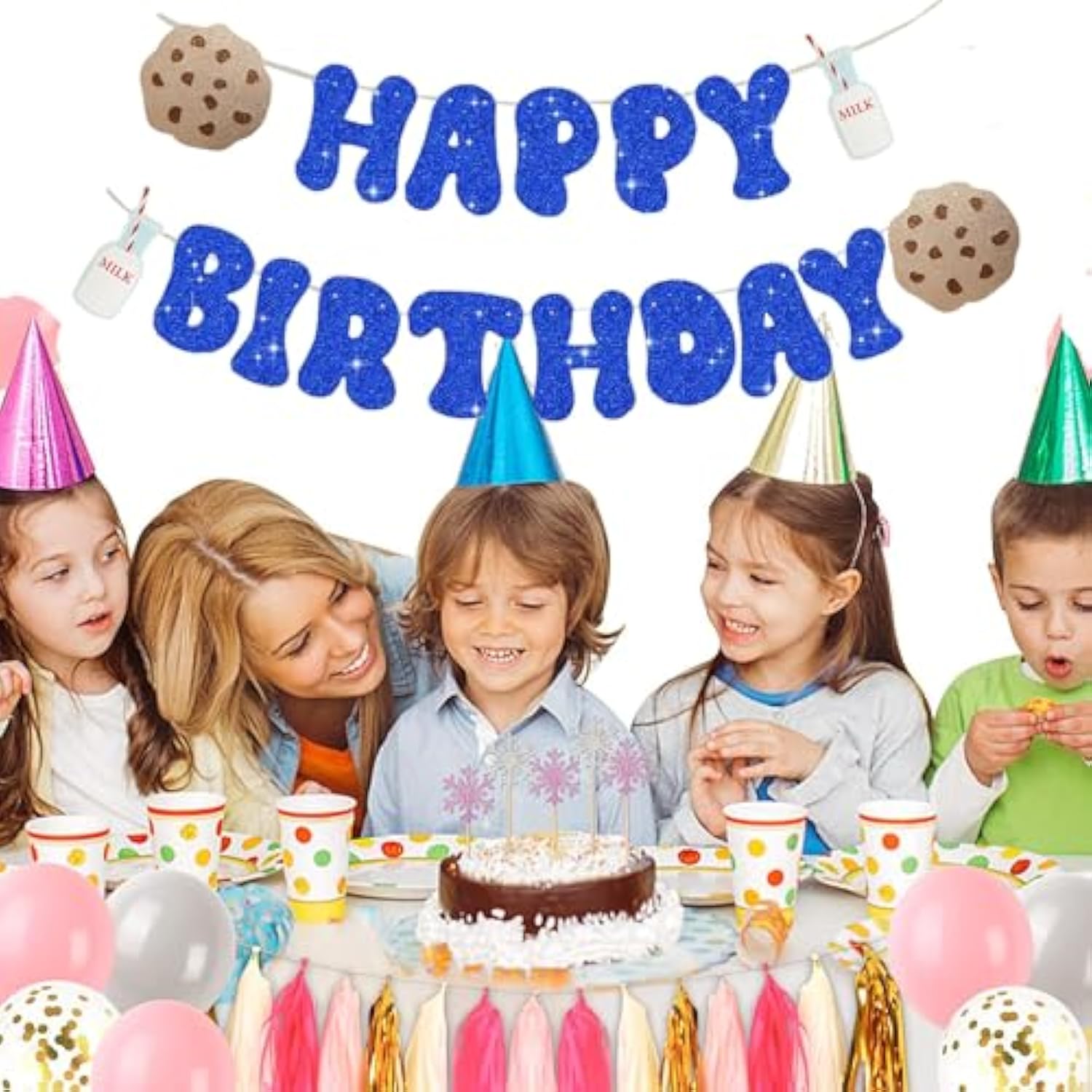 Milk And Cookies Happy Birthday Banner,Funny Blue Glitter Paper Sign Banner For Kids Cookie Milk Birthday Party Decor,Cookie Milk Theme Happy Birthday Party Decorations.