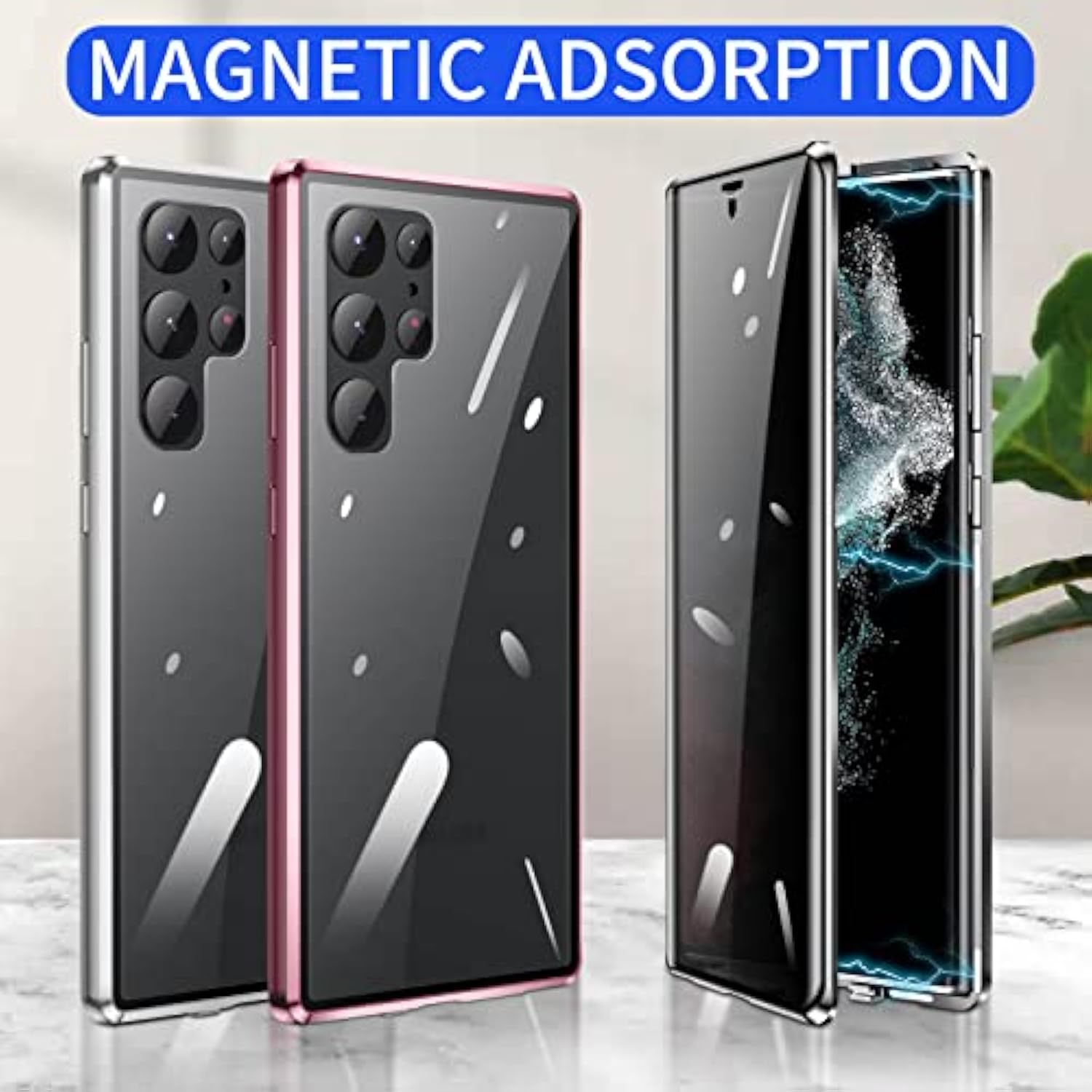 Anti Peeping Case For Samsung Galaxy S22 Ultra, 360 Degree Front And Back Privacy Tempered Glass Cover, Anti Spy Screen, Anti Peep Magnetic Adsorption Metal Bumper For S22 Ultra (Black)