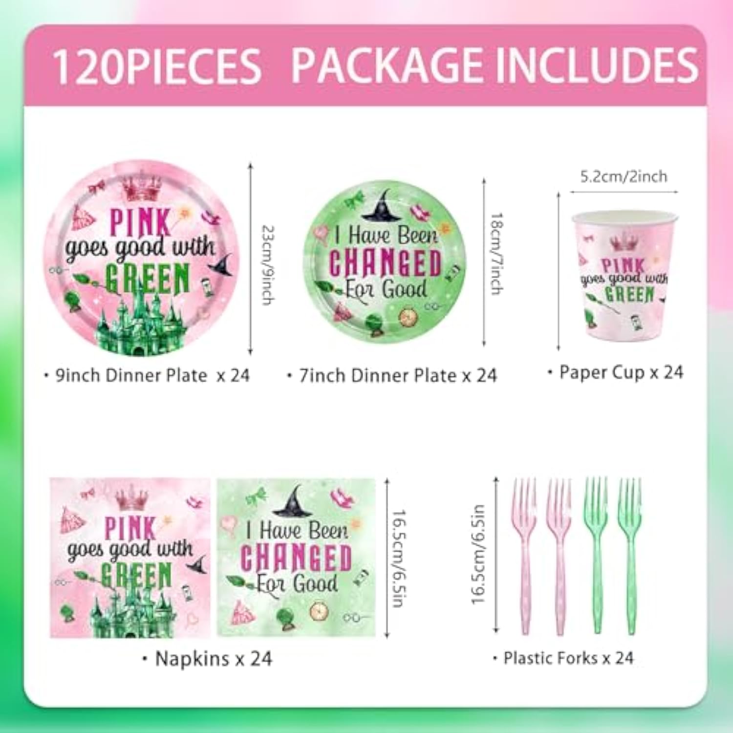 120Pcs Witch Birthday Party Supplies Pink Goes Good With Green Plates Napkins Disposable Tableware Set Paper Cups For Girls Birthday Party Decorations Severs 24 Guests