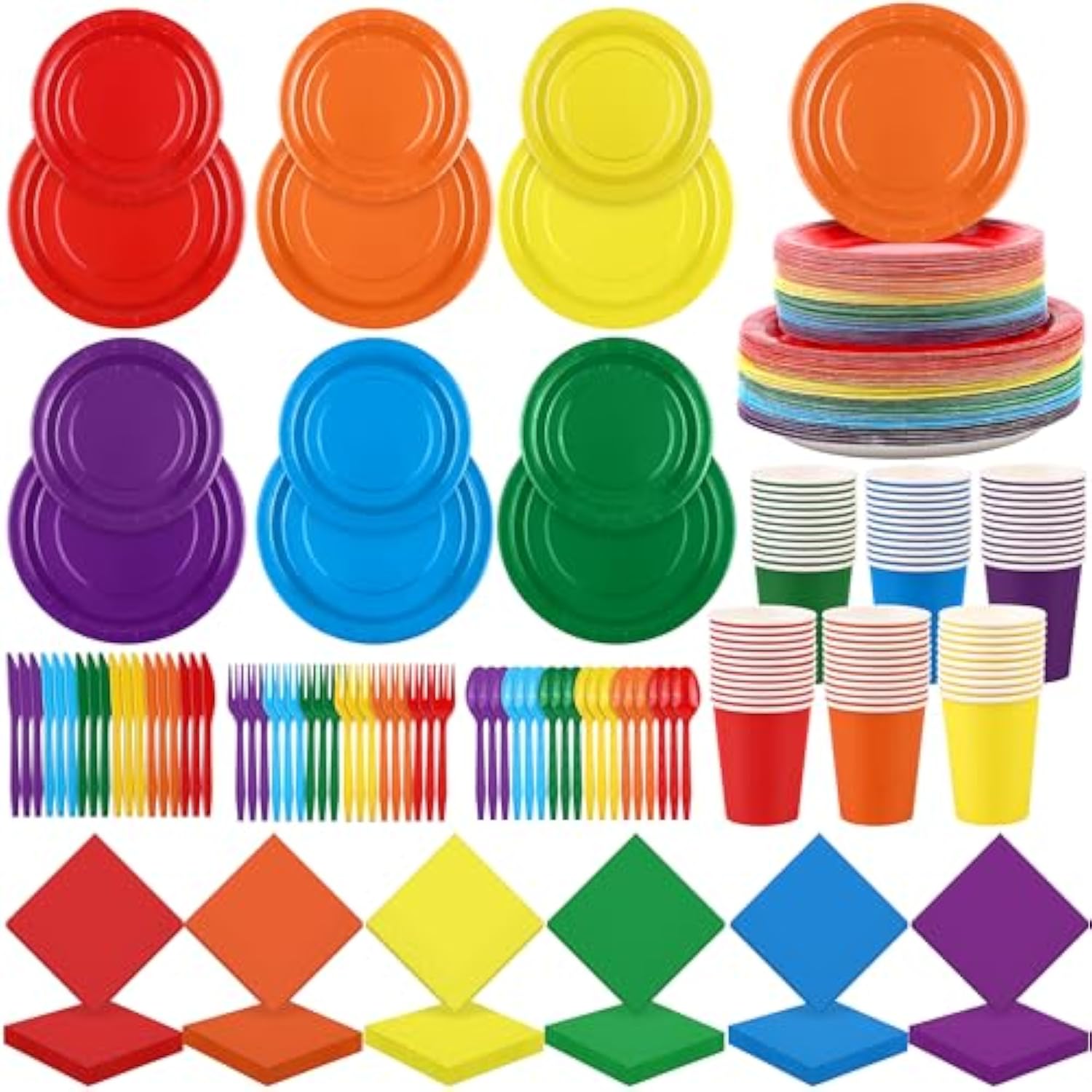 504-Piece Party Tableware Set - Rainbow Disposable Serves 72 Guests - 7" & 9" Paper Plates, 9Oz Cups, Napkins, Plastic Cutlery, Decorations, Neon Supplies