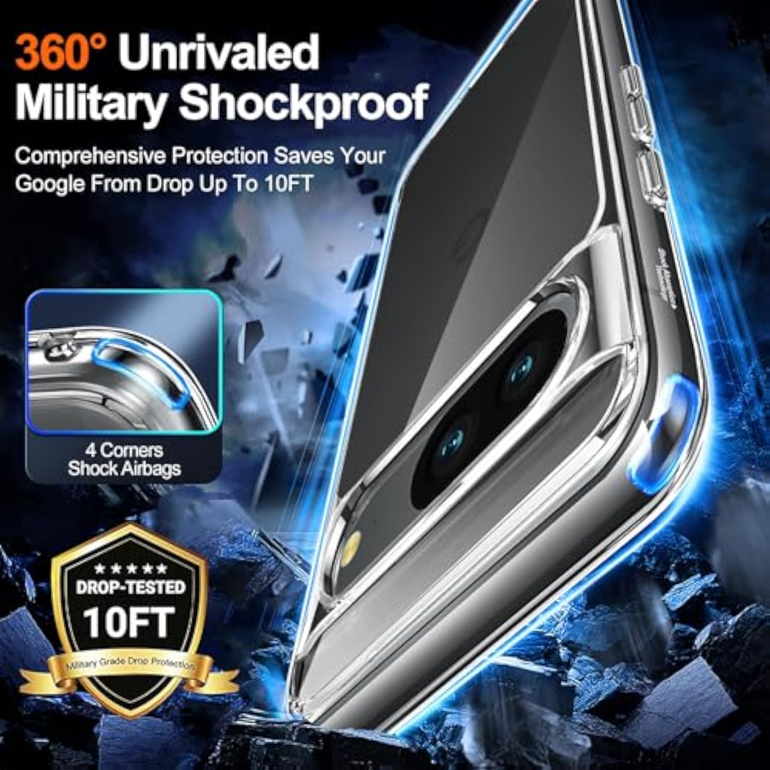 Google Pixel 8 Clear Case, 20X Anti-Yellowing, Built-In 4 Airbags, 10Ft Military Protection, Tempered Glass Screen Protector, Slim Fit