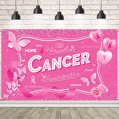 Breast Cancer Awareness Banner Backdrop October Breast Cancer Month Decorations Pink Ribbon Party Banner Butterfly Love Hope Faith Strength Party Charity Activities Fundraising 70.8x43.3inch