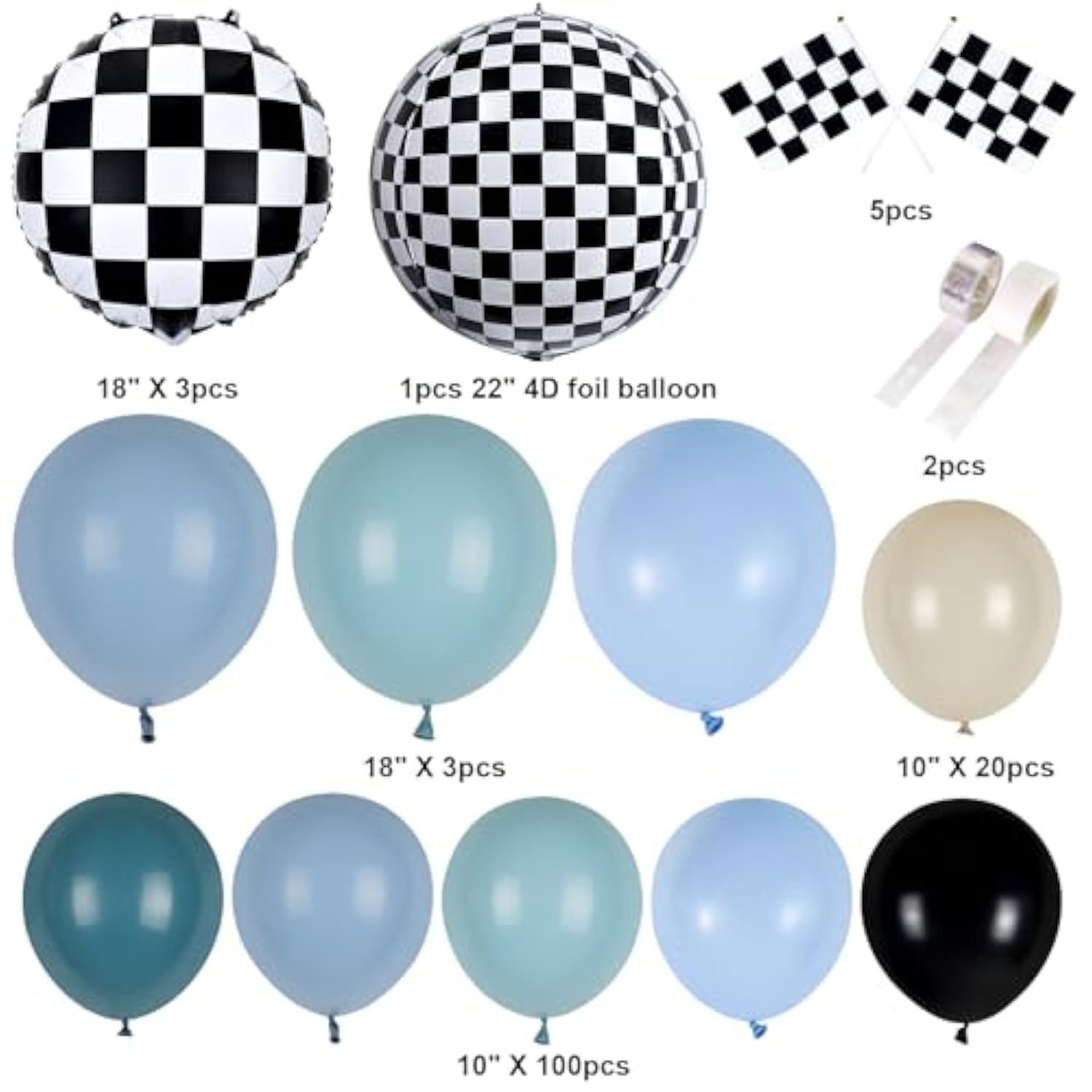 134PCS Race Balloon Garland Kit Dusty Blue Black Checkered for Birthday & Baby Shower