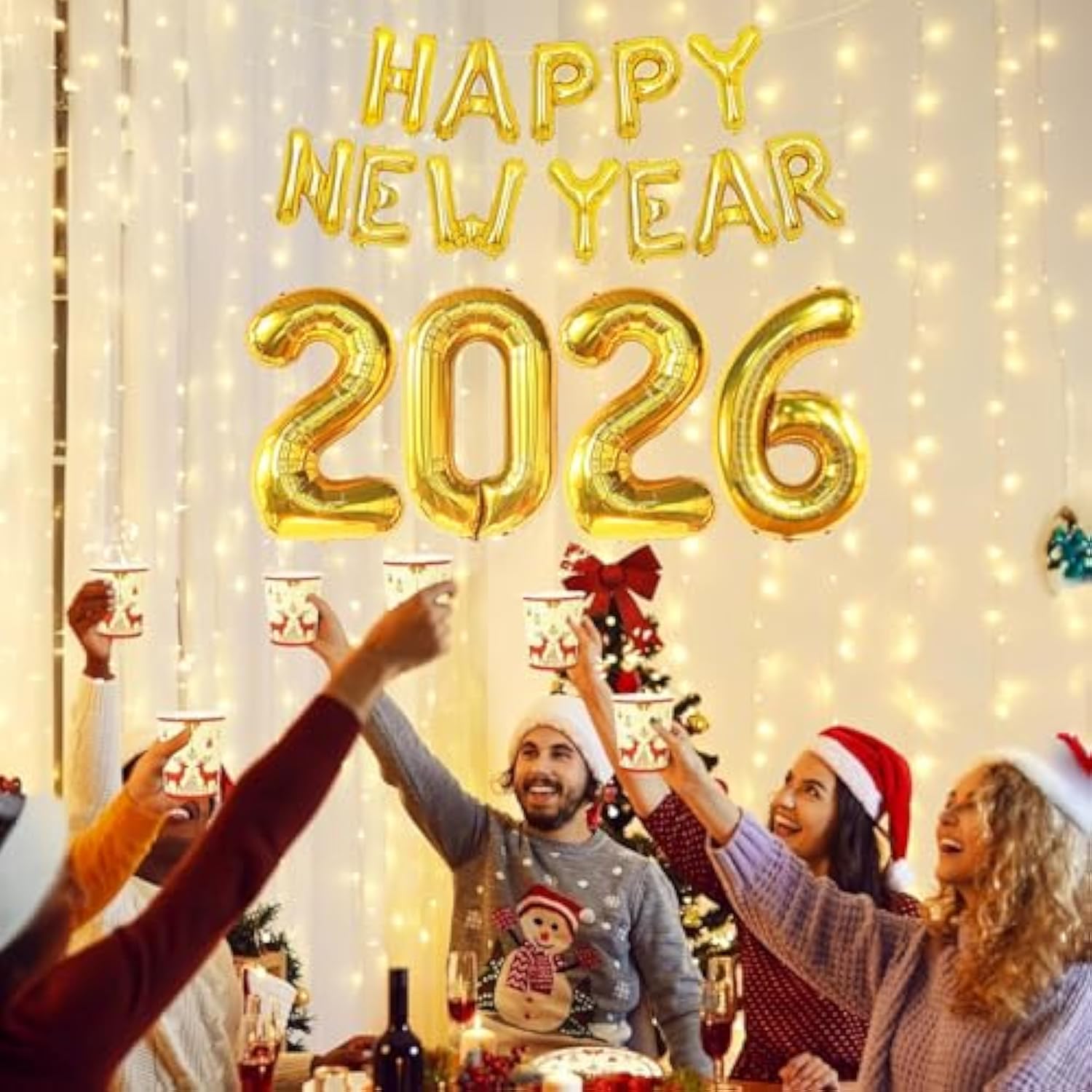 40 Inch Gold Happy New Year 2026 Balloons with Banner Party Decor