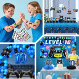 95Pcs 10Th Birthday Decorations For Boys, Video Game 10Th Birthday Decorations Include Backdrop Balloon Arch Hanging Swirls Cake Topper For Blue And Black Level 10 Birthday Decoration