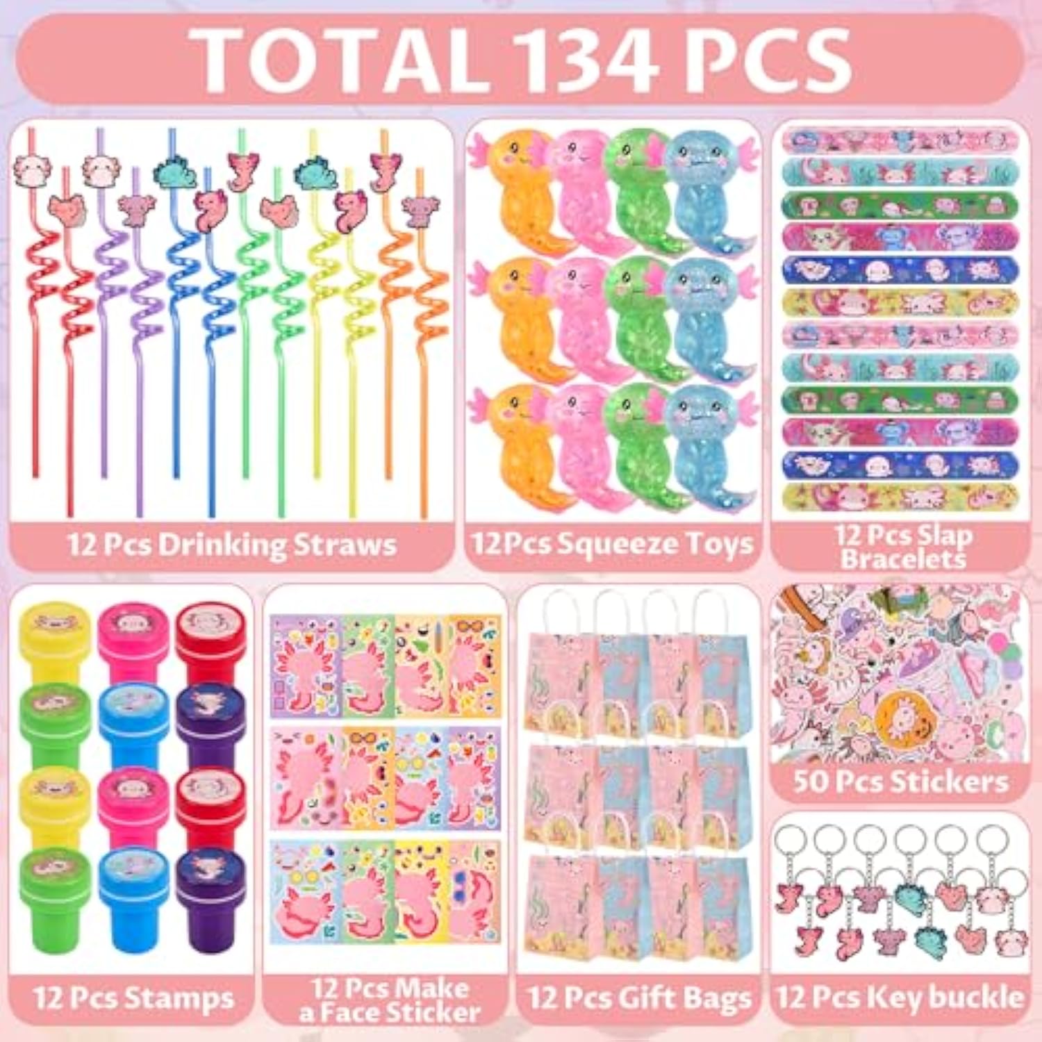 134 Pcs Axolotl Party Favors Included Squeeze Toys Straws Keychains Stamps Slap Bracelets Make Your Own Axolotl Stickers And Gifts Bags For Axolotl Birthday Party Supplies
