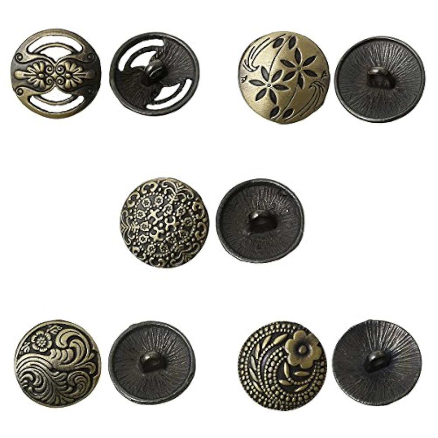 Shank Button - 30 Pack, 6 Of Each Assorted Design, Carved Bronze Tone
