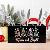 Neon Christmas Tree Kitchen Utensil Holder, Merry And Bright Xmas Cooking Utensil Holder Wooden Storage Organizer Box For Kitchen Counter, Girly Christmas Decor