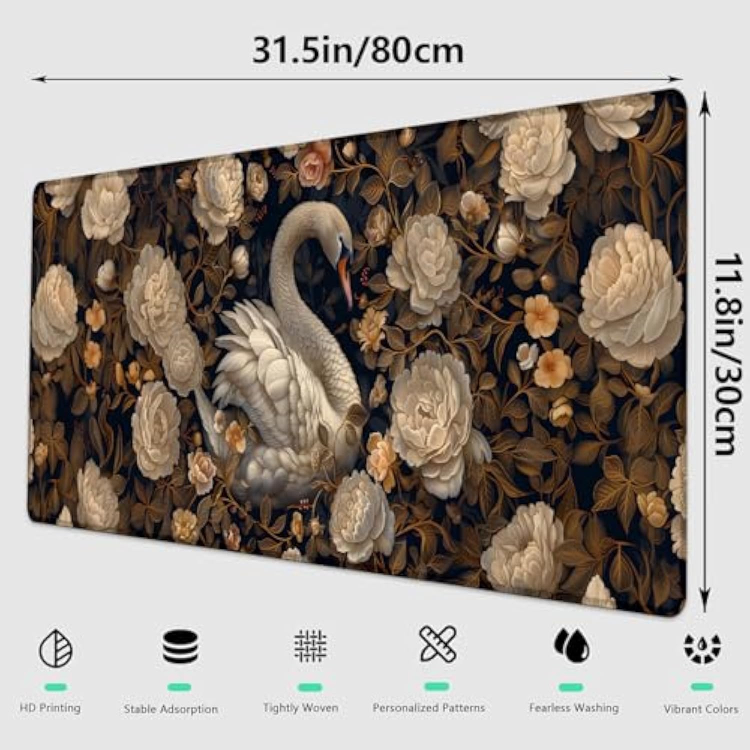Elegant Swan Gaming Mouse Pad, Large Office Desktop Delicate Flower Mousepad For Computer Laptop, Extended Work Desk Mat With Anti-Slip Base, Decorative Desk Pad 31.5×11.8 In