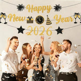 Gold & Black Glitter New Year Banner 2026 Party Decorations