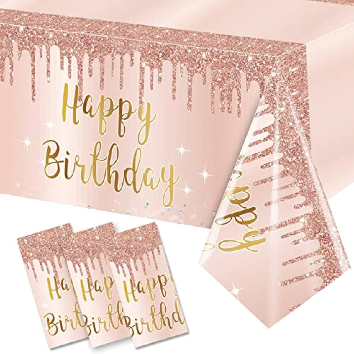 3 Pcs Pink Rose Gold Happy Birthday Tablecloth Decorations For Women, Happy Birthday Table Cover Party Supplies, 16Th 21St 30Th 40Th 50Th Birthday Plastic Disposable Rectangular Table Cloth Decor