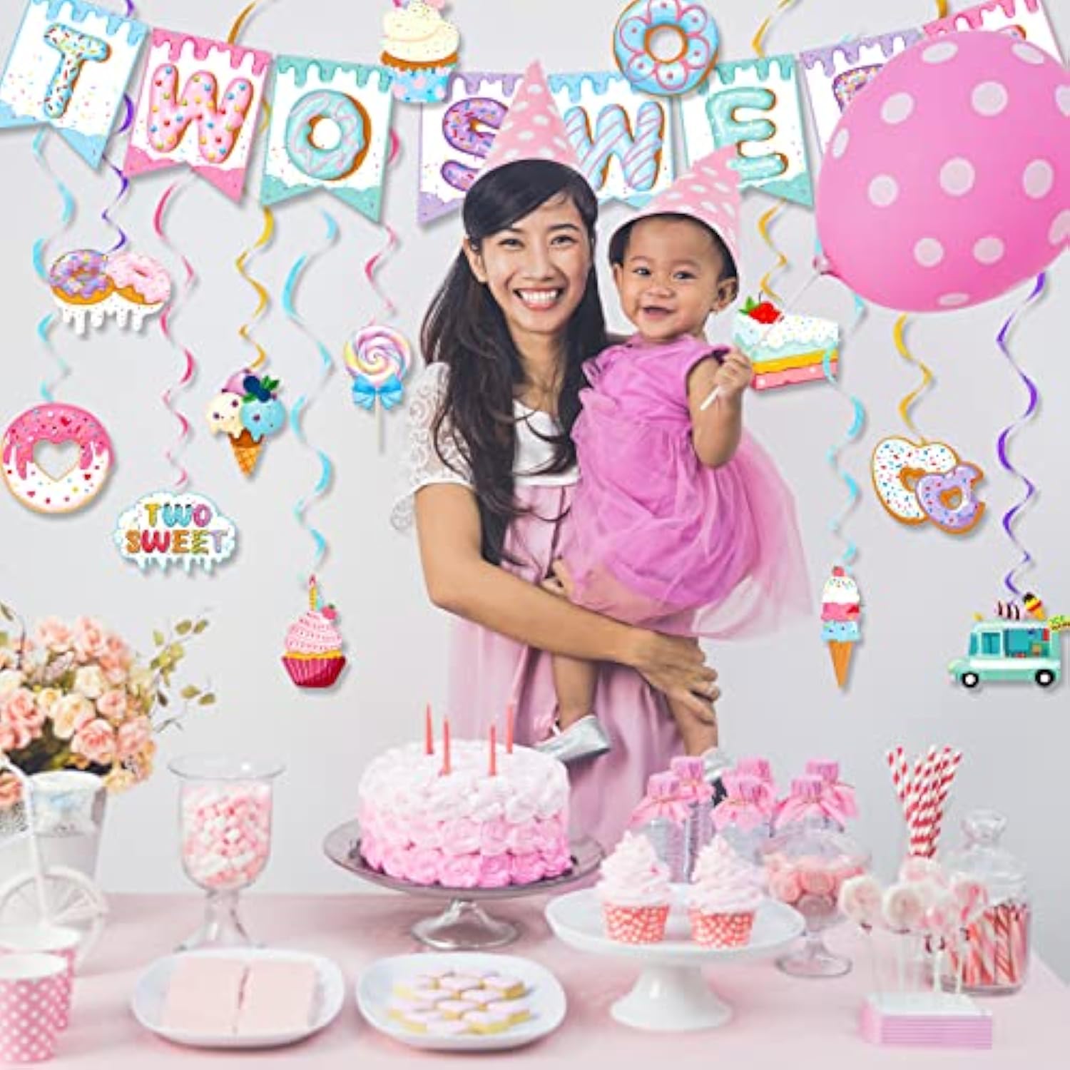 25 Pcs Two Sweet Donut Birthday Party Decorations Include Two Sweet Banner 24 Ice Cream And Donut Party Hanging Streamers 2Nd Birthday Decorations For Girl