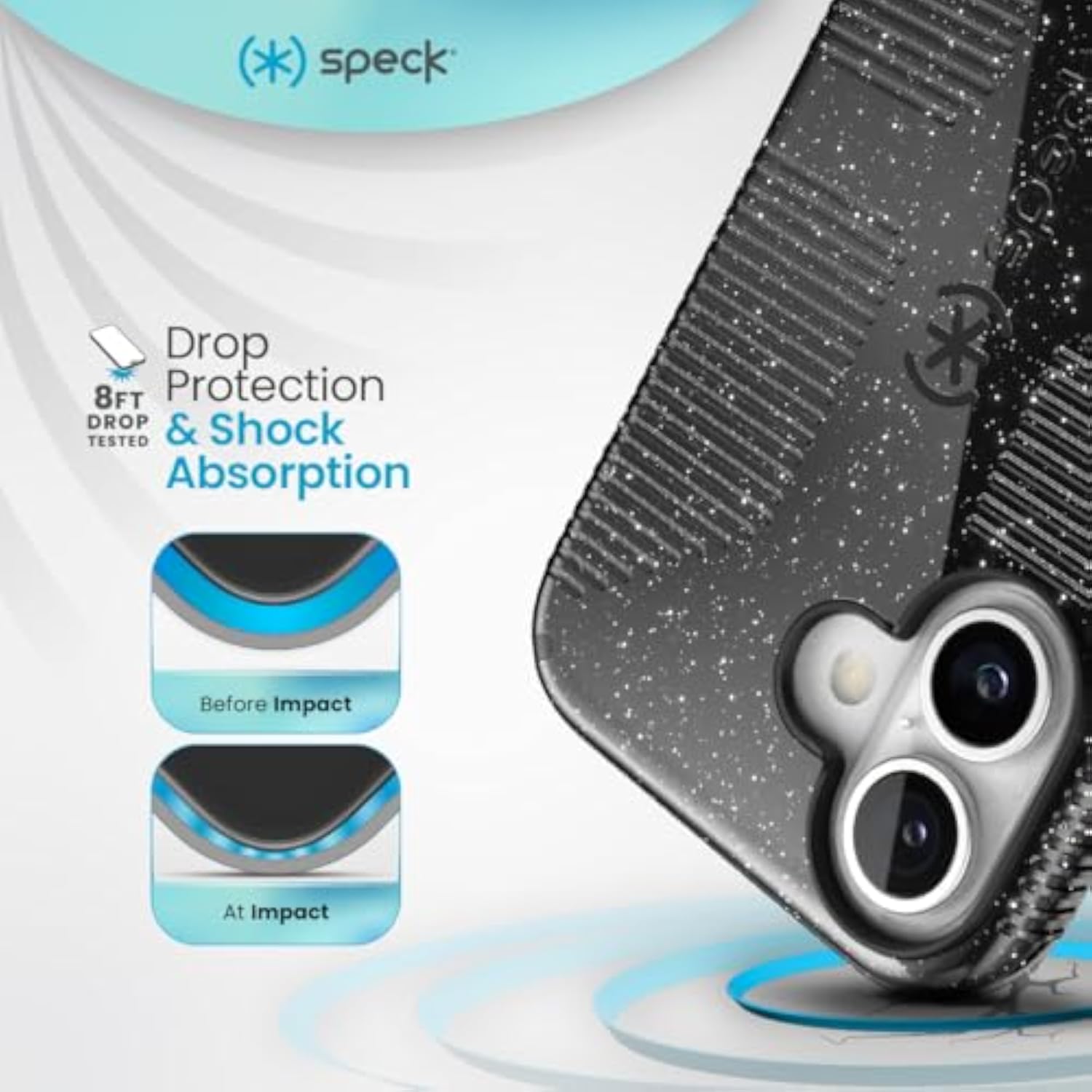 Speck CandyShell Grip iPhone 16 Case - Slim MagSafe - Black Glitter/Steel Black