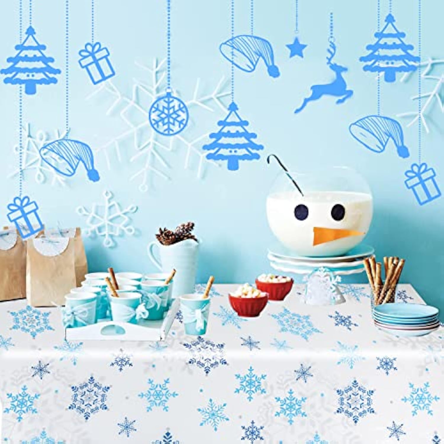 3 Pack Christmas Tablecloth, 54 X 108 Inch Blue And White Snowflake Tablecloth, Disposable Plastic Waterproof Rectangle Table Cover For Christmas Decorations Party Supplies