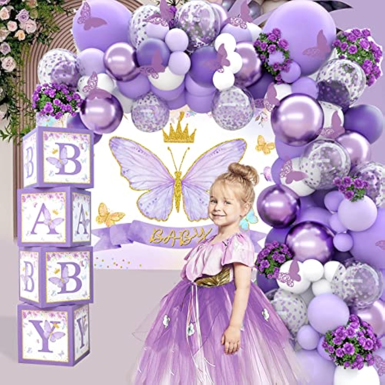 Purple Butterfly Baby Shower Decorations For Girl?Purple Balloon Garland Arch Kit?Purple Butterfly Baby Boxes And Butterfly Backdrop Kit For Baby Shower Butterfly Birthday Lavender Party Decorations