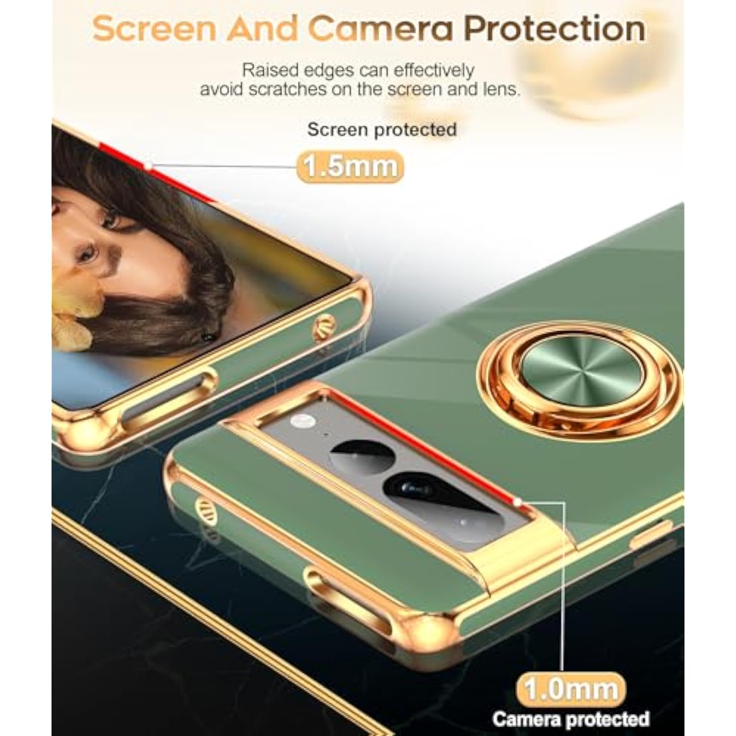 For Google Pixel-7-Pro Phone Case: 360° Rotatable Ring Holder Magnetic Kickstand, Plating Rose Gold Edge Protective For Google Pixel 7 Pro Case, L-Green