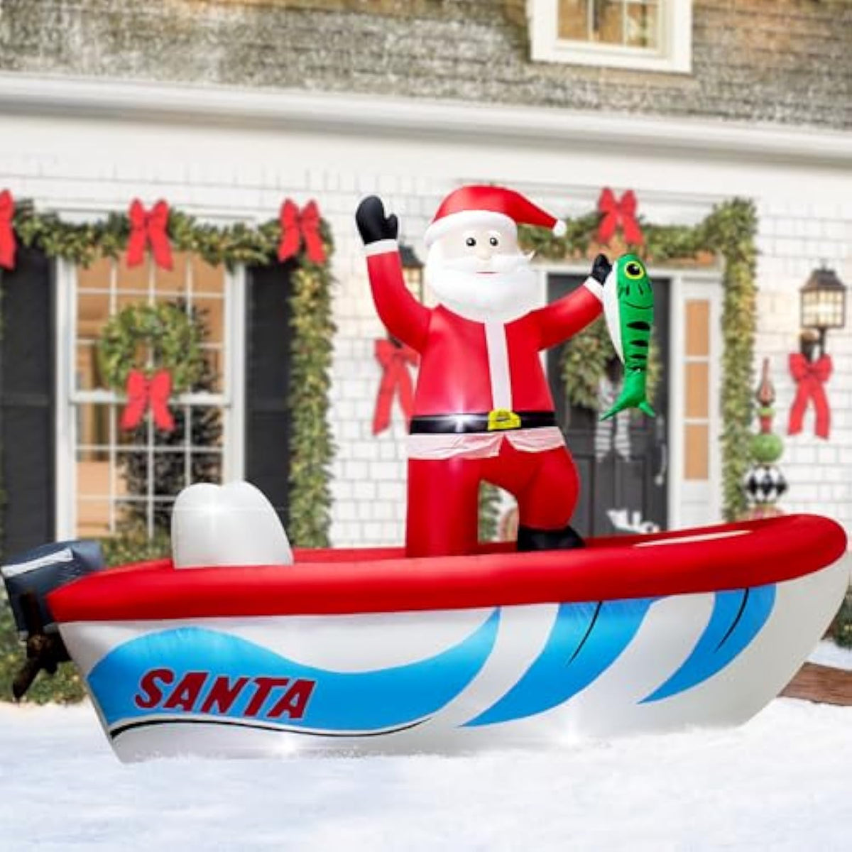 10Ft Long Christmas Inflatable Santa Fishing On A Boat,Christmas Captain Santa Claus Outdoor Blow Up Inflatable Santa Gi