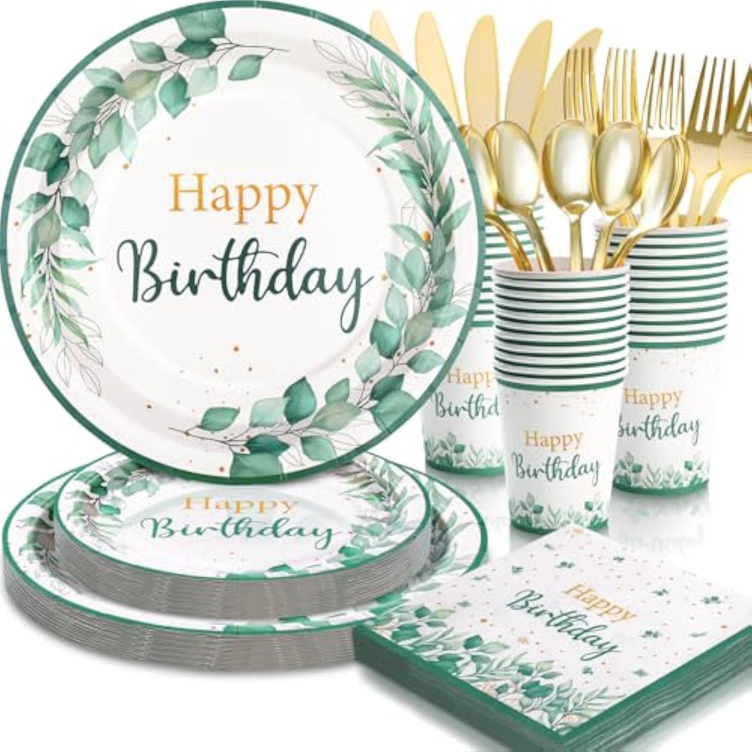 Sage Green Birthday Decorations, Sage Green Birthday Plates And Napkins For Women 168Pcs, For Boho Neutral Green And Gold Decorations, Serve 24