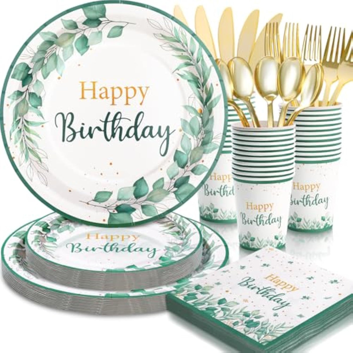 Sage Green Birthday Decorations, Sage Green Birthday Plates And Napkins For Women 168Pcs, For Boho Neutral Green And Gold Decorations, Serve 24