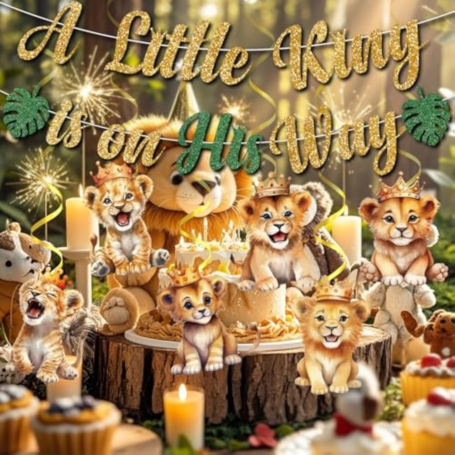 A Little King Is On His Way Banner, Lion King Baby Shower Decorations, Gold Glitter Lion Banner For Jungle Birthday Party Decorations