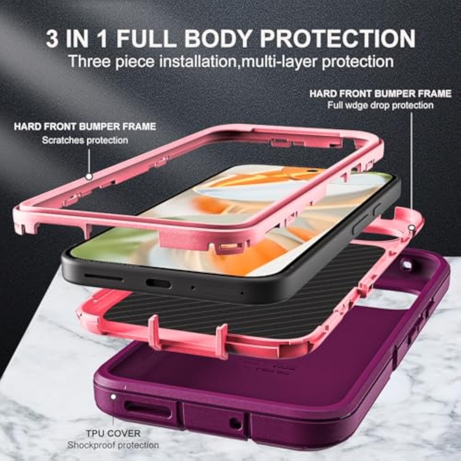 For Google Pixel 10 Pro Case, Military Grade 3 In 1 Heavy Duty Shockproof/Drop Proof/Dust Proof Case With 2Pcs Tempered Glass Screen Protector & Camera Lens Protector (Purple/Pink)