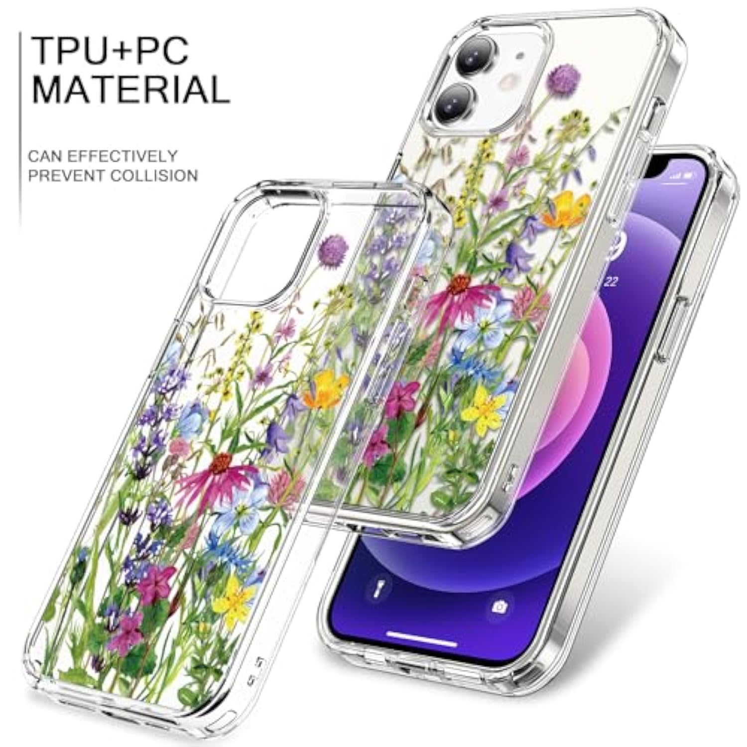 For 11 Case With Screen Protector And Camera Lens Protector - Fashionable Flower Floral Designs For Women Girls - Shockproof Acrylic Clear Phone Cover 6.1" Blooming Flowers