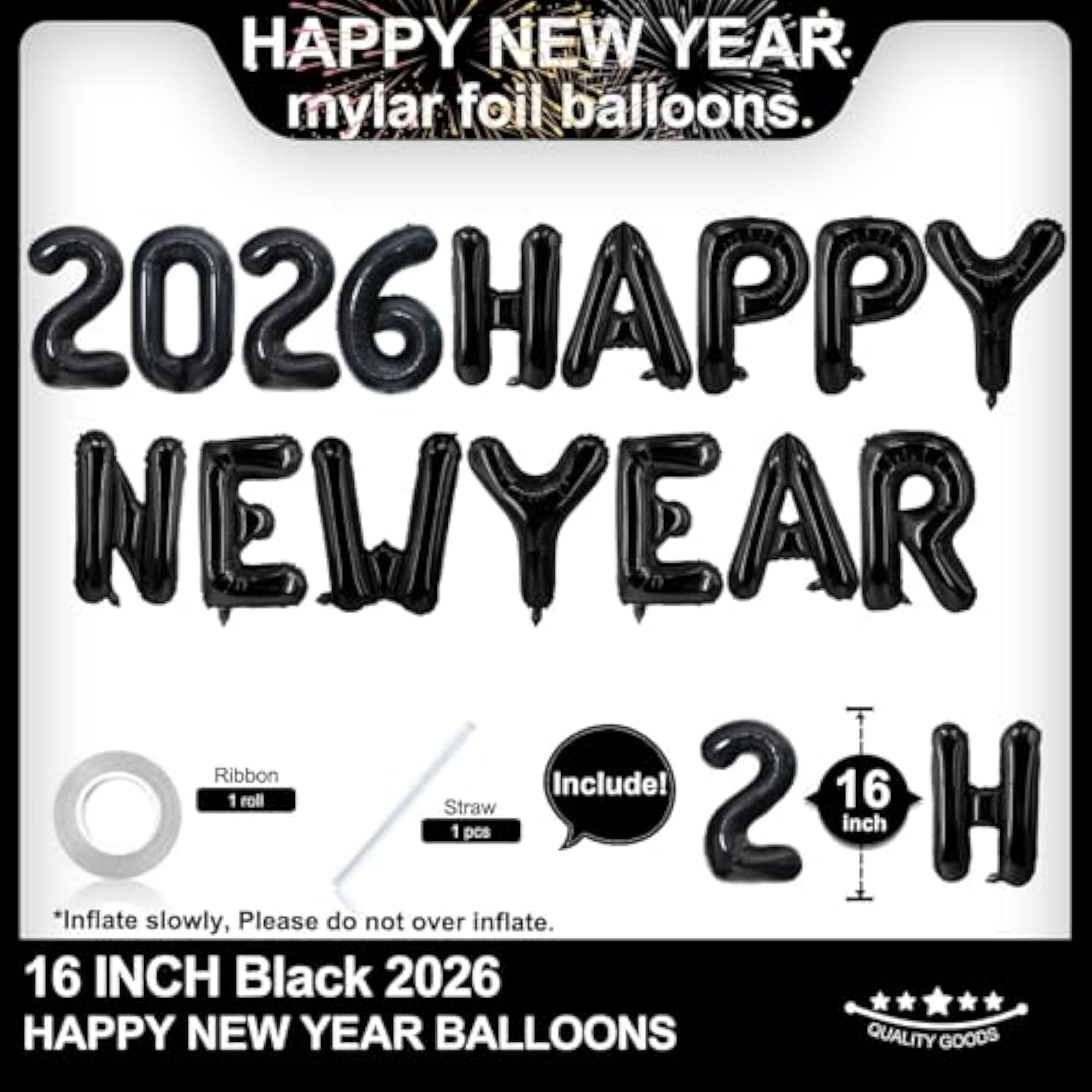 16 Inch Black Happy New Year 2026 Balloons Party Decorations
