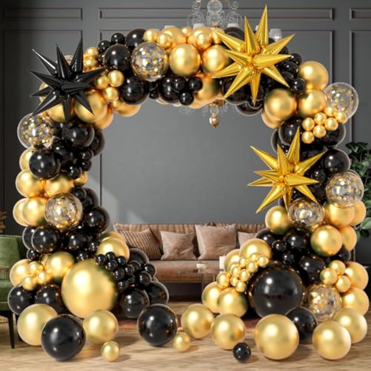 Black And Gold Balloon Garland Arch Kit 158Pcs With Black Gold Confetti Balloons, Star Foil Balloons, For Graduation New Year Anniversary Birthday Party Decorations