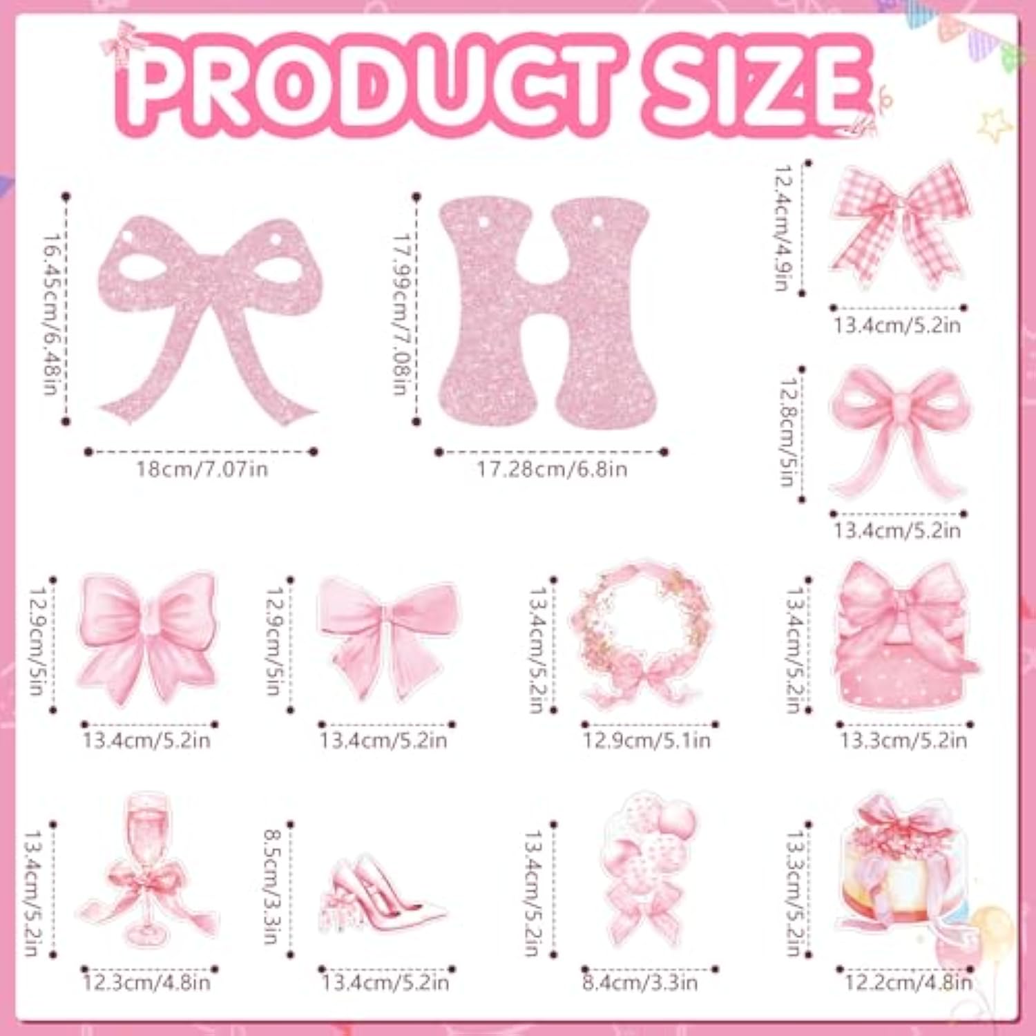 Pink Bow Birthday Decorations: Glitter Banner & Swirls (25 Pcs)