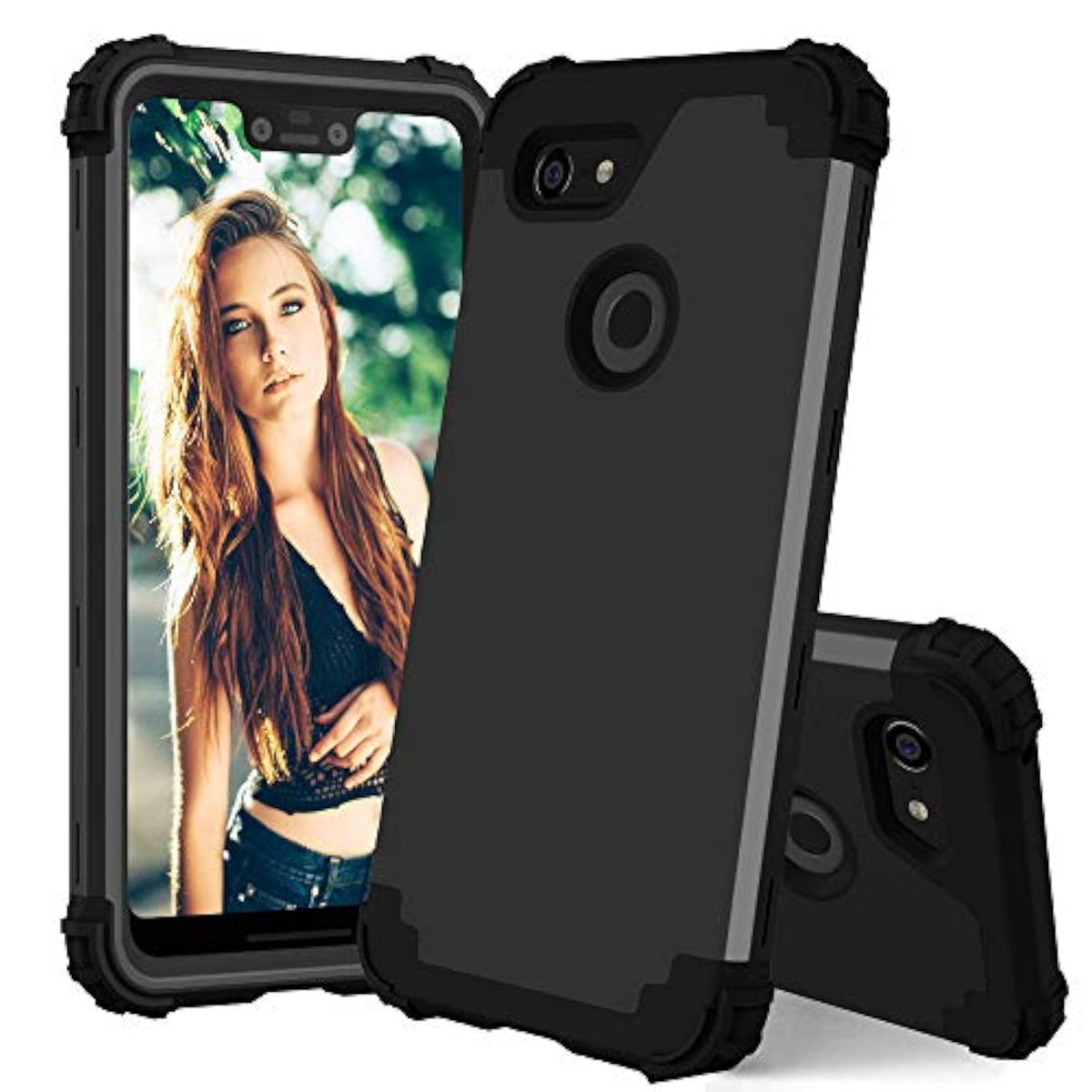 Google Pixel 3 XL Hard Cover Shockproof Soft Silicone Bumper Hybrid Three Layer Defender Heavy Duty Protective Wireless Charging Cell Phone Case for Women and Men Black