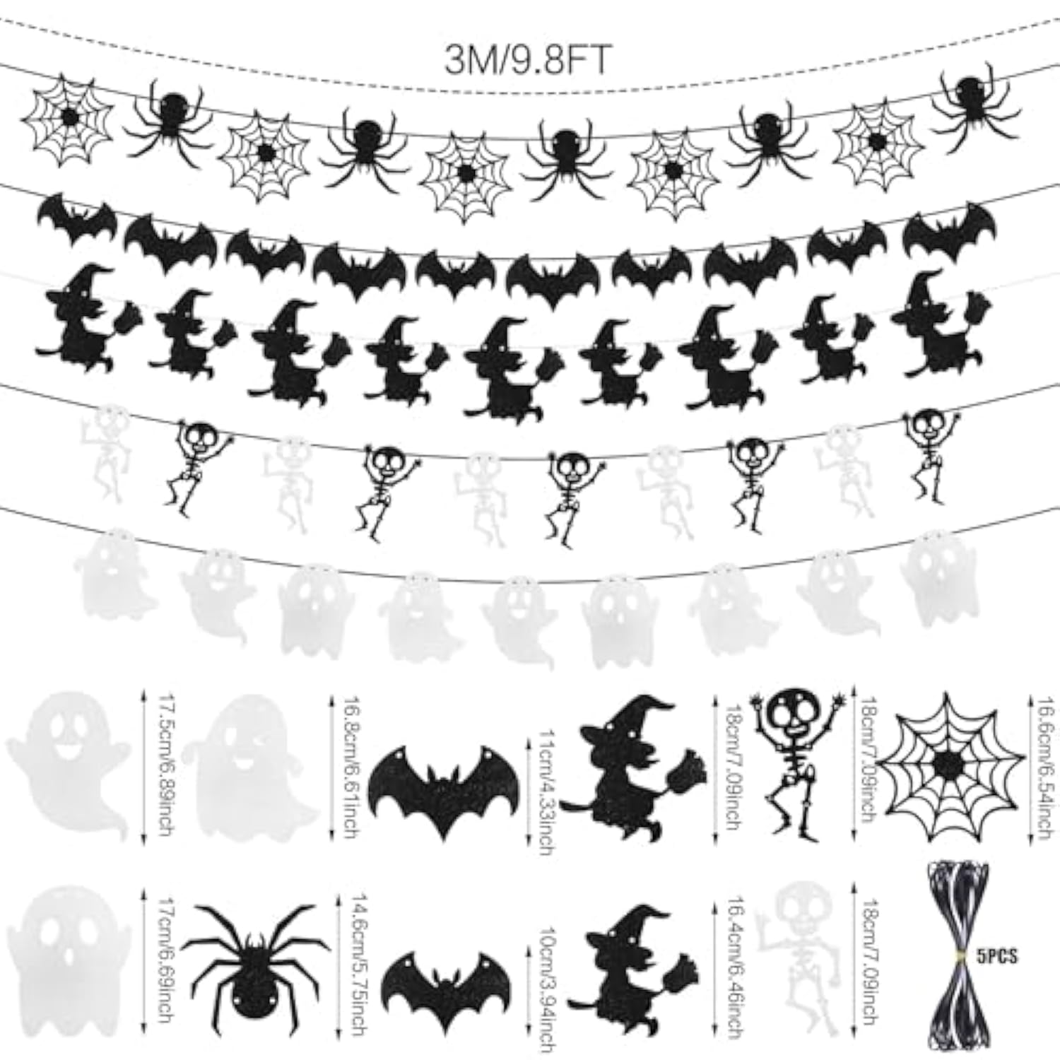 Halloween Banner Garland 5 PCS Bat Ghost Skeleton Witch White Black Glitter Decor