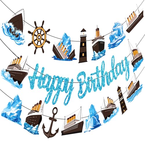 Nautical Birthday Banners 3PCS Nautical Theme Birthday Party Decorations Glitter Blue Cruise Ship Banners Ocean Sailing Party Decor for Iceberg Lighthouse Cruise Liner Baby Shower Supplies